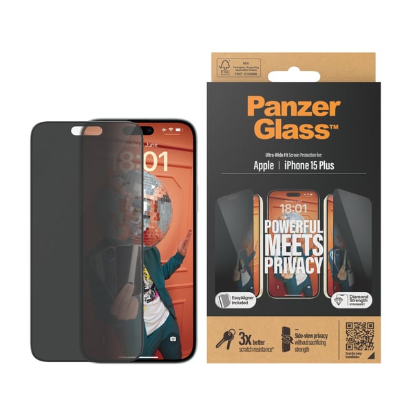 PanzerGlass ® Privacy Screen Protector iPhone 15 Plus | Ultra-Wide Fit w. EasyAligner Kirkas näytönsuoja Apple 1 kpl