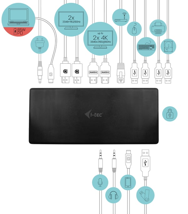 i-tec C31QUATTRODOCKPD kannettavien tietokoneiden telakka ja porttitoistin Langallinen USB 3.2 Gen 1 (3.1 Gen 1) Type-C Musta