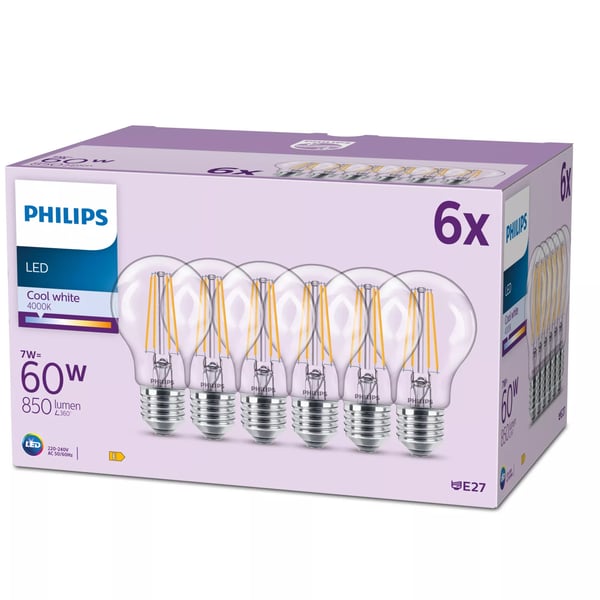 Philips Filamentljuskälla klar 60 W A60 E27 x6