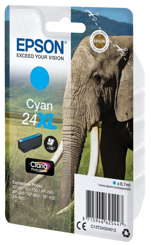 Epson Elephant 24XL Norsu Claria Photo HD, yksittäispakkaus, syaani muste