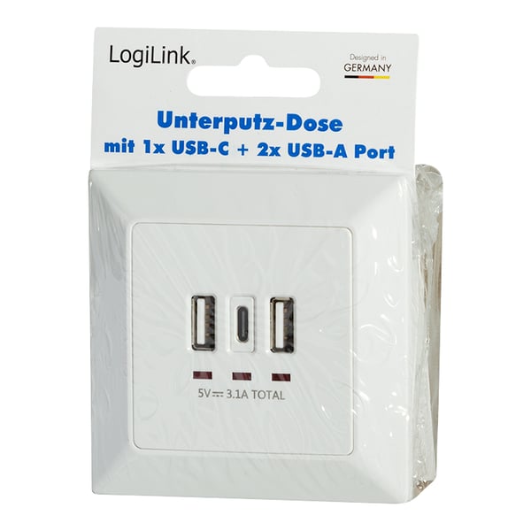 LogiLink PA0254 pistorasia 2 x USB A + 1 x USB C Valkoinen