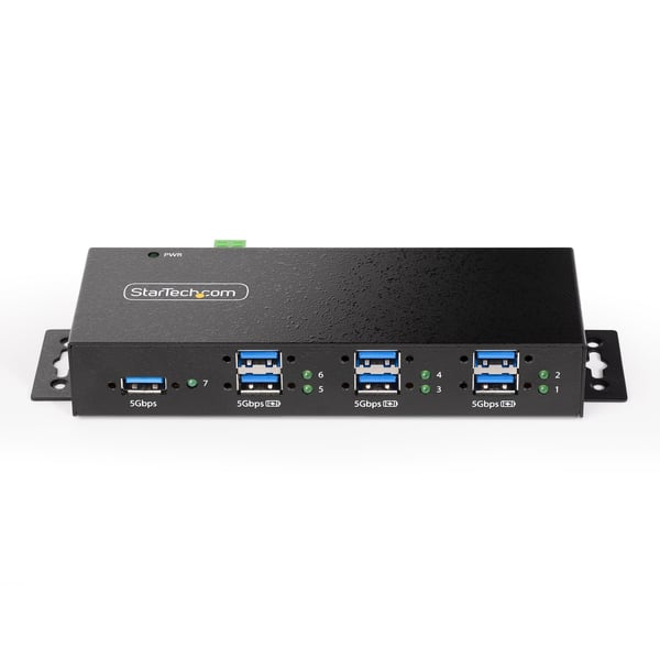 StarTech.com Hanterad USB-hubb med 7 portar och 7x USB-A, robust industrihölje i metall, ESD- och överspänningsskydd, monterbar på vägg/skrivbord/skena, USB 3.0/3.1/3.2 Gen 1 5 Gbps