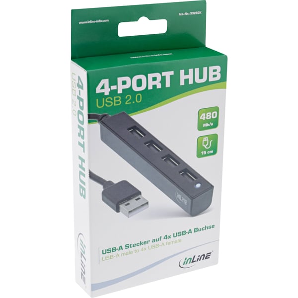 InLine 33293K gränssnittshubbar USB 2.0 Type-A 480 Mbit/s Svart