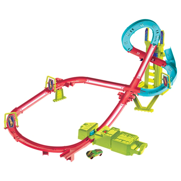 Hot Wheels Action Hot Wheels-banset, Neon Speeders Skyscraper Speed Circuit med 1 Hot Wheels-bil