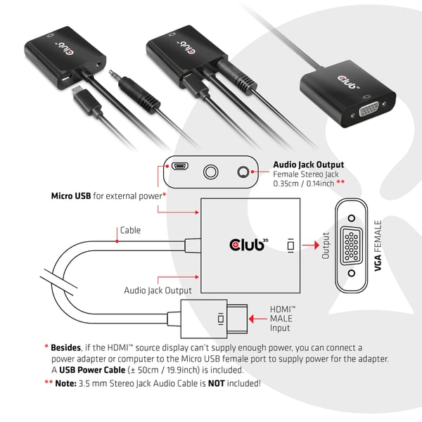 CLUB3D CAC-1302 videokaapeli-adapteri 0,5 m HDMI-tyyppi A (vakio) VGA (D-Sub) Musta