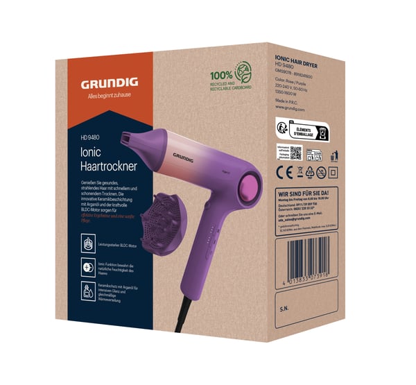 Grundig HD 9480 hiustenkuivain 1600 W Vaaleanpunainen, Purppura