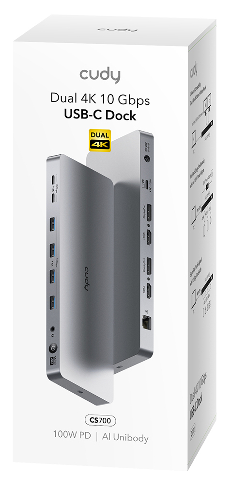 Cudy CS700 kannettavien tietokoneiden telakka ja porttitoistin Telakointi USB 3.2 Gen 2 (3.1 Gen 2) Type-C Harmaa, Hopea