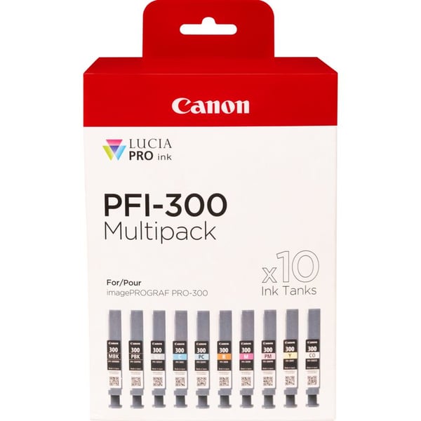 Canon PFI-300 mustekasetti 10 kpl Alkuperäinen Musta, Sininen, Syaani, Harmaa, Magenta, Valokuva musta, Valokuva magenta, Punainen, Keltainen