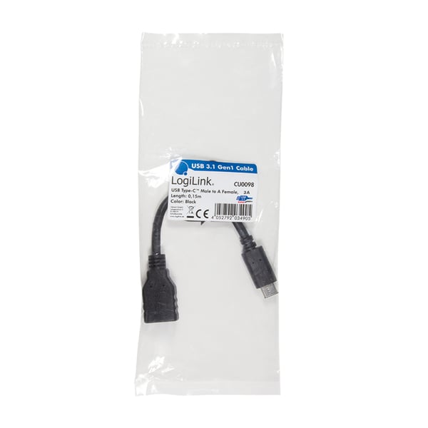 LogiLink USB C - USB A 0.15m USB-kabel USB 3.2 Gen 2 (3.1 Gen 2) 0,15 m Sort