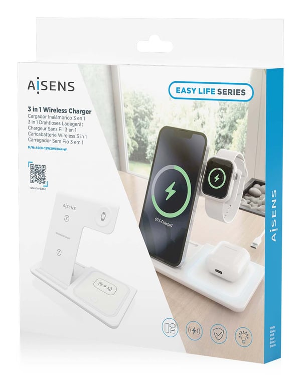 AISENS ASCH-15W3WC044-W oplader til mobil enhed Headset, Mobiltelefon, Smartphone, SmartWatch Hvid USB Trådløs opladning Hurtig opladning Indendørs