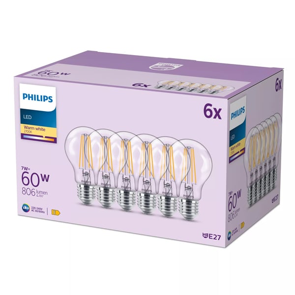 Philips Filamenttilamppu kirkas 60W A60 E27 x6