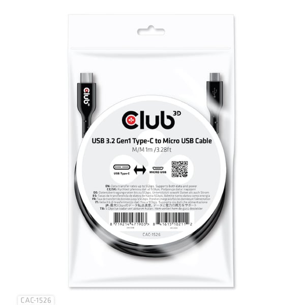 CLUB3D CAC-1526 USB-kabel USB 3.2 Gen 1 (3.1 Gen 1) 1 m USB C Micro-USB B 5 Gbit/sek. Sort