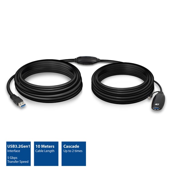 ACT AC6110 USB-kabel USB 3.2 Gen 1 (3.1 Gen 1) 10 m USB A 5 Gbit/sek. Sort