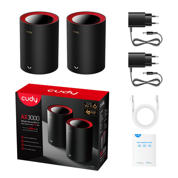 Cudy M3000 2-Pack Dual-band (2,4 GHz / 5 GHz) Wi-Fi 6 (802.11ax) Sort, Rød 1 Intern