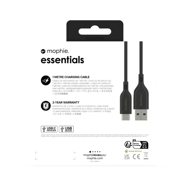 mophie essentials charging cables | 1M USB-kabel USB 2.0 USB A USB C Sort