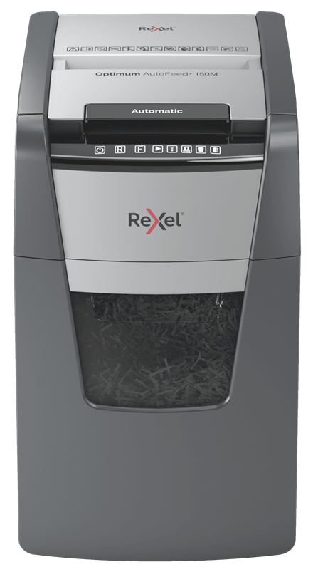 Rexel Optimum AutoFeed+ 150M dokumentförstörare Mikrostrimling 55 dB 22 cm Svart, Grå