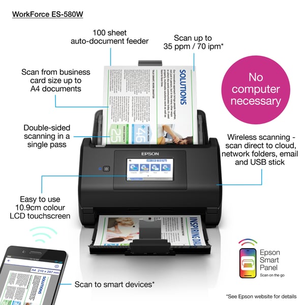 Epson WorkForce ES-580W Skanner med papir-tilførsel 600 x 600 dpi A4 Sort