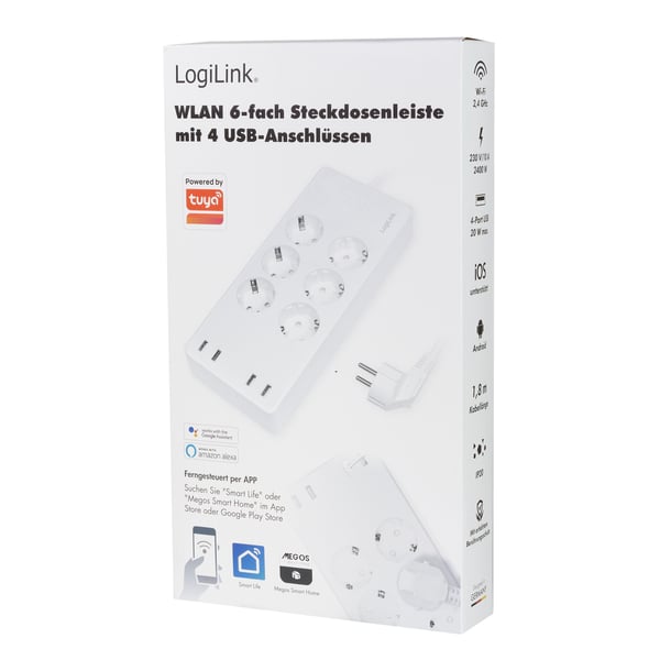 LogiLink SH0105 smart strømskinne 6 AC stikkontakt(er) Type F 1,8 m 4 2400 W Hvid