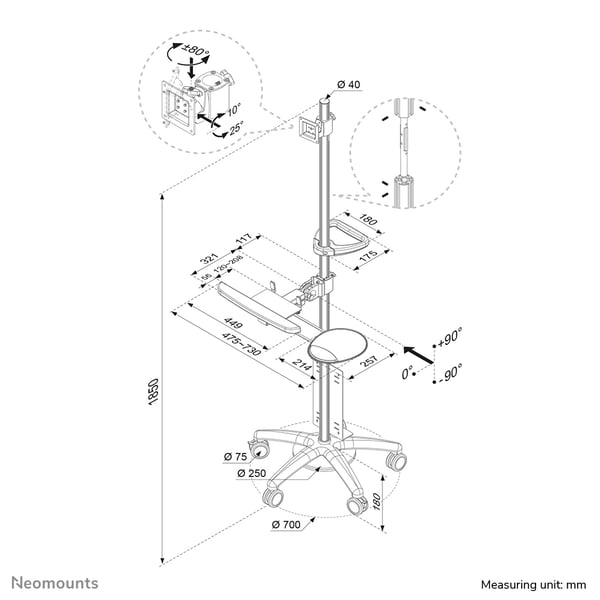 Neomounts FPMA-MOBILE1800 multimedie vogn & stand Sølv Multimedie kurv