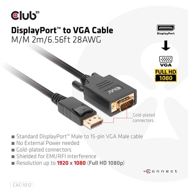 CLUB3D CAC-1012 videokabel adapter 2 m DisplayPort VGA (D-Sub) Sort