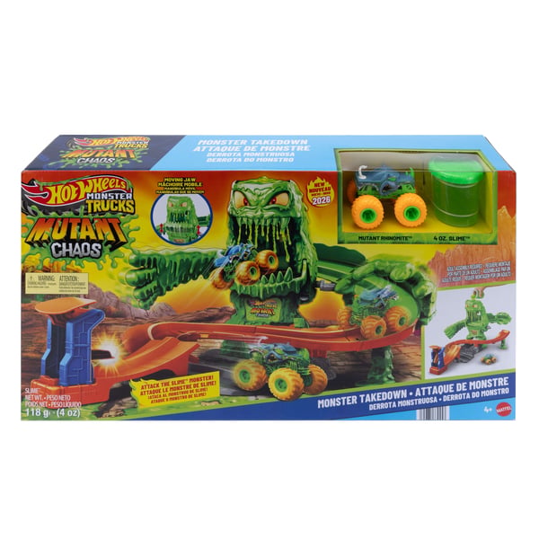 Hot Wheels Monster Trucks Mutant Monster Takedown-legesæt med legetøjsbil og Slime