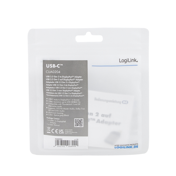 LogiLink CUA0204 kabelomvandlare (hane/hona) USB-C DisplayPort Svart, Grå