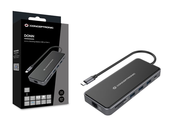 Conceptronic DONN15G kannettavien tietokoneiden telakka ja porttitoistin Langallinen USB 3.2 Gen 1 (3.1 Gen 1) Type-C Harmaa