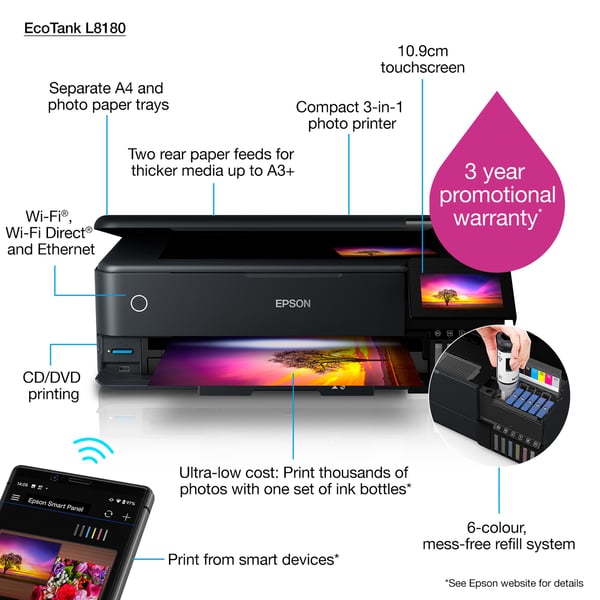 Epson EcoTank L8180 Bläckstråleskrivare A3+ 5760 x 1440 DPI 32 ppm Wi-Fi