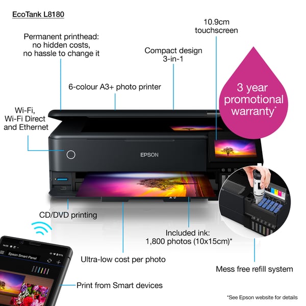 Epson EcoTank L8180 Bläckstråleskrivare A3+ 5760 x 1440 DPI 32 ppm Wi-Fi