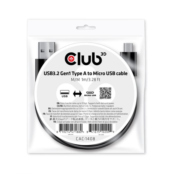 CLUB3D CAC-1408 USB-kabel USB 3.2 Gen 1 (3.1 Gen 1) 1 m USB A Micro-USB B 50 Gbit/sek. Sort