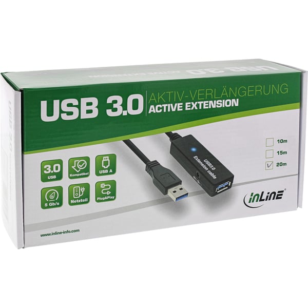 InLine 35657 USB-kabel USB 3.2 Gen 1 (3.1 Gen 1) 20 m USB A 5 Gbit/sek. Sort