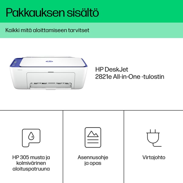 HP DeskJet 2821e Langaton All-in-One Väri Tulostin, Instant Ink; Kopiokone, skanneri