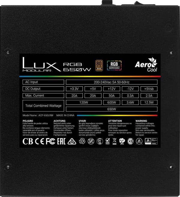 Aerocool LUX RGB 650M virtalähdeyksikkö 650 W 20+4 pin ATX Musta