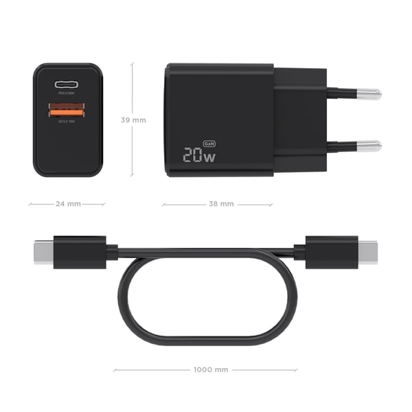 AISENS ASCH-20W2P084-BK mobiililaitteen laturi Matkapuhelin, Älypuhelin, Digitaalikamera, Universaali, Tabletti Musta AC Pikalataus Sisätila