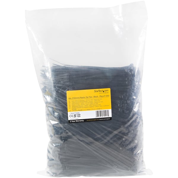 StarTech.com 1000-pack 6" (15 cm) buntband - 1/8" (3,6 mm) breda, 1-3/8" (39 mm) buntdiameter, 40 lb (18 kg) draghållfasthet, självlåsande nylonbuntband med böjd spets, UL-godkända, svarta - TAA