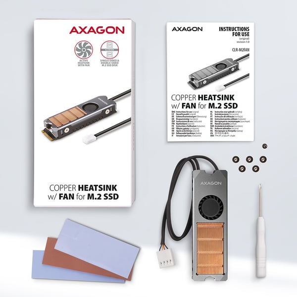 Axagon CLR-M2FAN Computerkølesystem Solid-state drev, M.2 NVMe SSD Køleplade/køler 2 cm Grå 1 stk