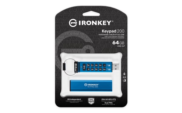 Kingston Technology IronKey 64GB Keypad 200, FIPS 140-3 Niveau 3 AES-256 hardwarekrypteret