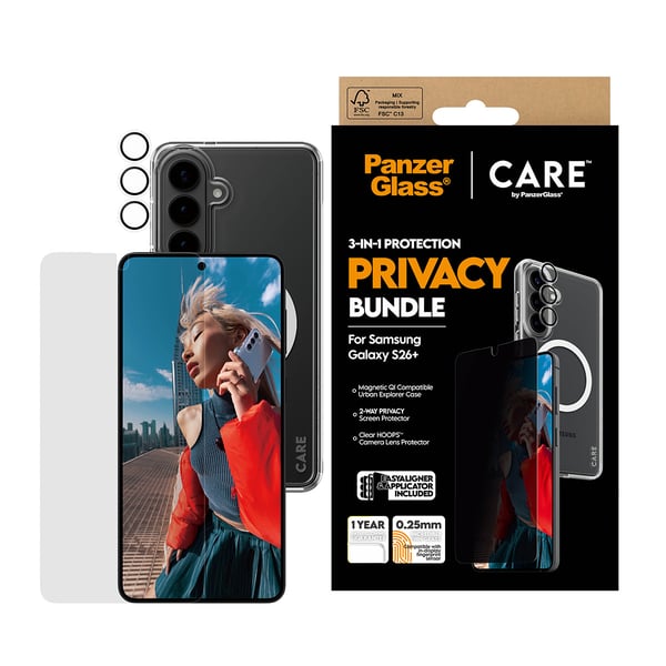 PanzerGlass ® | CARE™ by ® Privacy 3-in-1 Bundle Samsung Galaxy S26+ Genomskinligt skärmskydd 1 styck