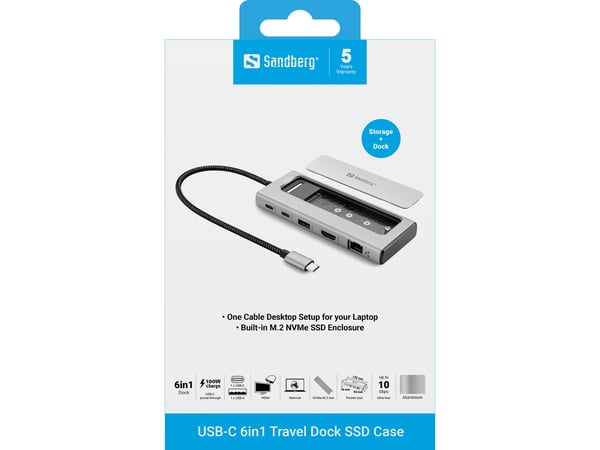 Sandberg 136-82 kannettavien tietokoneiden telakka ja porttitoistin Langallinen USB 3.2 Gen 2 (3.1 Gen 2) Type-C Harmaa