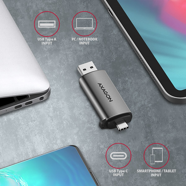Axagon CRE-SAC kortinlukija USB 3.0 Type-A/Type-C Harmaa