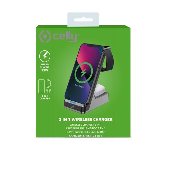 Celly WLSTAND3IN1BK mobilladdare Digitalkamera, Spelkontroller, Hörlurar, Mobiltelefon, Powerbank, Smartphone, Smartwatch, Surfplatta, Klocka, Kroppsburen teknik Grå AC Trådlös laddning inomhus