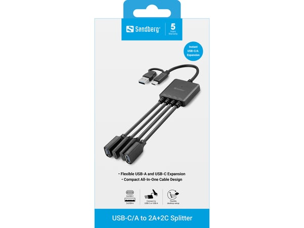 Sandberg 136-81 gränssnittshubbar USB 3.2 Gen 1 (3.1 Gen 1) Type-A + Type-C 5000 Mbit/s Svart