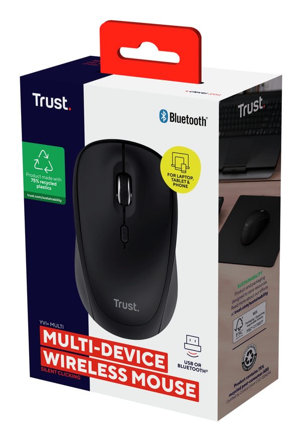 Trust Yvi+ datormöss Universal Ambidextrous Trådlös RF + Bluetooth Optisk 1600 DPI