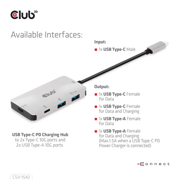 CLUB3D CSV-1543 gränssnittshubbar USB 3.2 Gen 2 (3.1 Gen 2) Type-C 10000 Mbit/s Svart, Silver