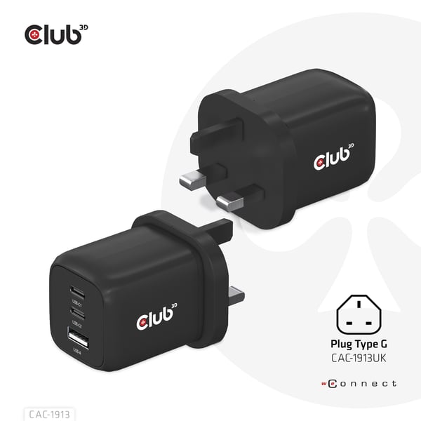 CLUB3D Travel Charger PPS 65Watt GAN technology, Triple port (2x USB Type-C + USB Type-A) Power Delivery(PD) 3.0 Support