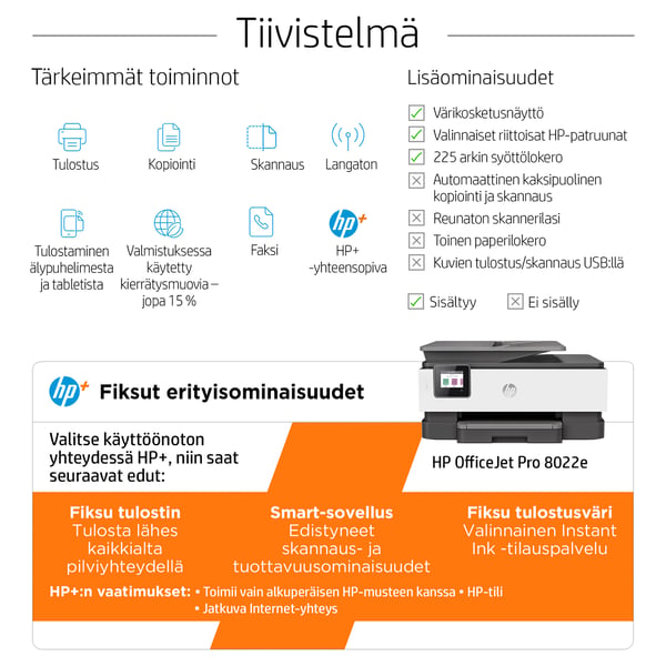 HP OfficeJet Pro 8022e Langaton All-in-One Väri Tulostin, Instant Ink; kaksipuolinen tulostus