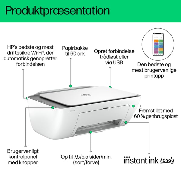 HP DeskJet 2820e Trådløst All-in-One Farve Printer, Instant Ink; Kopimaskine, scanner