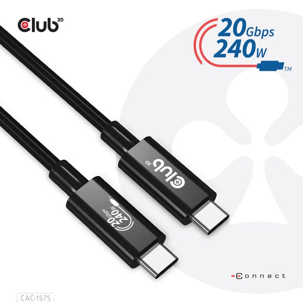 CLUB3D CAC-1575 USB-kablar USB4 Gen 2x2 2 m USB C 20 Gbit/s 240 W Svart