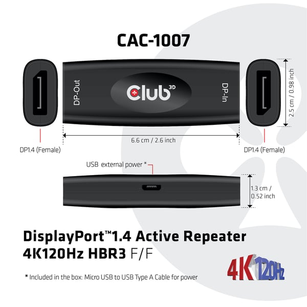CLUB3D CAC-1007 kabelomvandlare (hane/hona) DisplayPort Svart