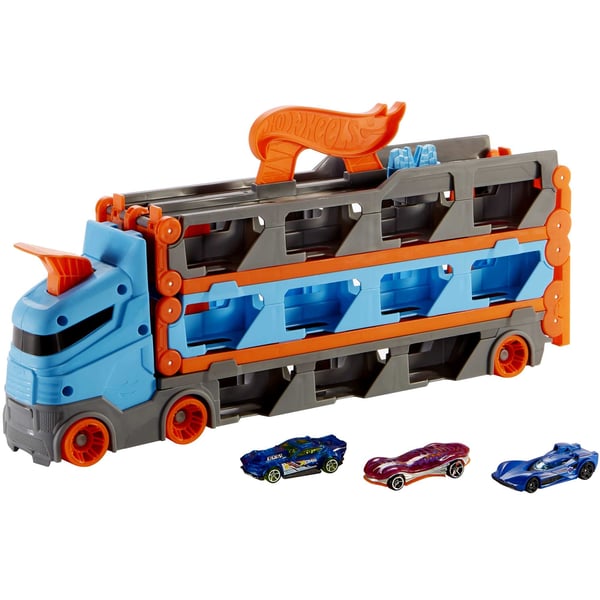 Hot Wheels City Speedway Hauler-långtradare med 3 bilar i skala 1:64 för barn som är 4 till 8 år